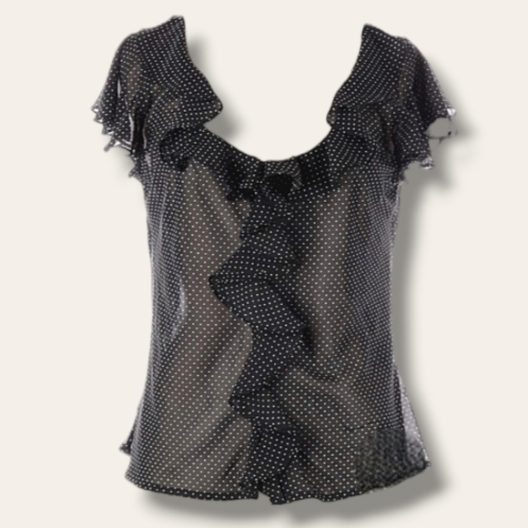 💼Chaps Office, Work Black & White Polkadot Sheer Top With Ruffled Trim - Picture 7 of 7